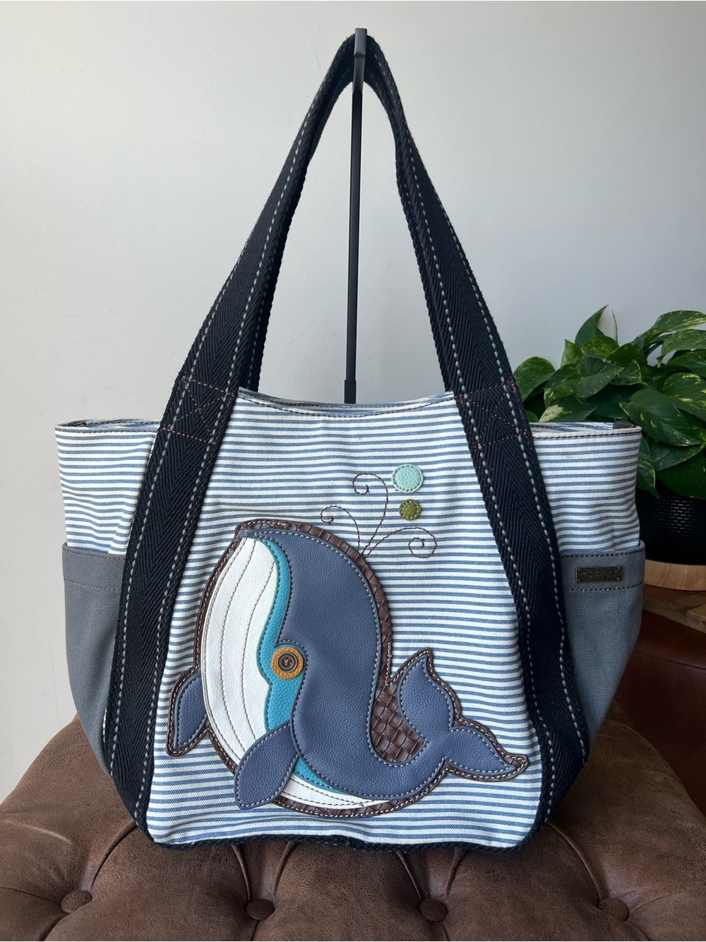 Chala Striped Tote with Whale Appliqué in Blue and Gray